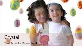  Presentation with colorful - Beautiful PPT layouts featuring two smiling little girls under a colorful easter eggs rain backdrop and a coral colored foreground