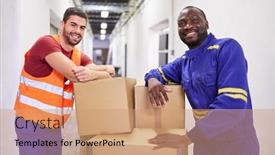  Presentation with factory workers - PPT layouts featuring two-smiling-men-during-training background and a coral colored foreground