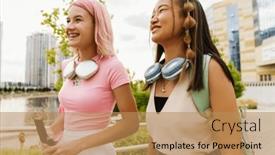  Presentation with walking together - Presentation having two-smiling-multinational-young-girls background and a coral colored foreground