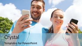  Presentation with lifestyle - Beautiful slides featuring two smiling people with smartphone backdrop and a light blue colored foreground