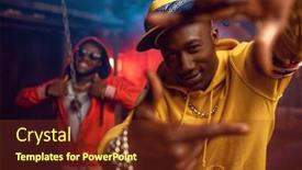  Presentation with tv studio - Audience pleasing slides consisting of two-smiling-rappers-breakdancing backdrop and a tawny brown colored foreground