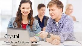  Presentation with technology students - Presentation design featuring two smiling students with laptop background and a soft green colored foreground