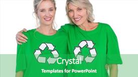  Presentation with recycling - Cool new presentation theme with two smiling women wearing green recycling tshirts on white background backdrop and a shamrock green colored foreground