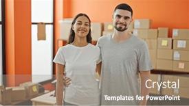  Presentation with office workers - Presentation theme enhanced with two-smiling-workers-man and a gray colored foreground