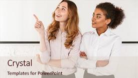  Presentation with business women - Colorful theme enhanced with two smiling young business women backdrop and a  colored foreground