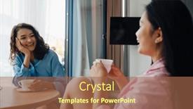  Presentation with women - Presentation design with two-smiling-young-multinational-women and a tawny brown colored foreground