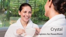  Presentation with women - Beautiful presentation design featuring two smiling young women in bathrobes having tea backdrop and a lemonade colored foreground