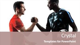  Presentation with studio - Amazing PPT theme having two soccer players men backdrop and a coral colored foreground