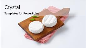  Presentation with checkered tablecloth - Slides featuring two soft cheeses with white mold on wooden cutting board and checkered tablecloth background and a sky blue colored foreground