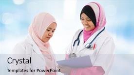  Presentation with asian doctor - Cool new PPT layouts with two southeast asian muslim medical doctor discussing on patient medical report standing in hospital backdrop and a light gray colored foreground