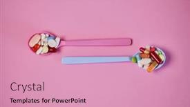  Presentation with medications - Presentation theme featuring two spoons with many colorful medications on a pink background background and a coral colored foreground