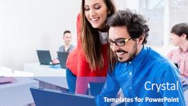  Presentation with college students - Beautiful presentation design featuring two students discussing their work in college woman and man in the foreground backdrop and a teal colored foreground