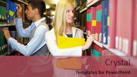  Presentation with library research - Presentation theme featuring search file - two students doing research background and a red colored foreground