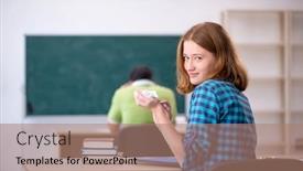 Presentation with fun classroom - PPT theme consisting of two-students-having-fun background and a coral colored foreground