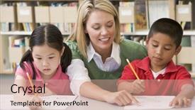  Presentation with class - Presentation featuring two students in class writing background and a coral colored foreground