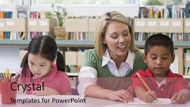  Presentation with student writing teacher - Presentation theme consisting of two students in class writing background and a coral colored foreground