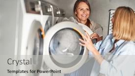  Presentation with laundry room - Audience pleasing presentation design consisting of two-students-in-laundry-room backdrop and a light gray colored foreground