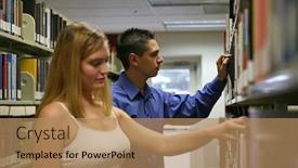  Presentation with library - Colorful PPT theme enhanced with alumni - two students in the library backdrop and a coral colored foreground