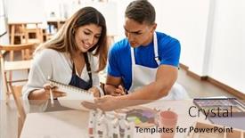  Presentation with students - Presentation theme featuring two-students-smiling-happy-painting background and a coral colored foreground