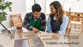  Presentation with students - Presentation theme featuring two-students-smiling-happy-painting background and a coral colored foreground
