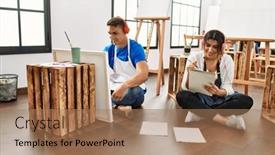  Presentation with students - PPT theme featuring two-students-smiling-happy-using background and a coral colored foreground