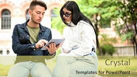  Presentation with students - Presentation design featuring two-students-studying-together background and a yellow colored foreground