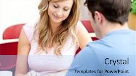  Presentation with cafeteria - Colorful slides enhanced with two students studying together in the cafeteria of their university backdrop and a light blue colored foreground