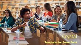  Presentation with amphitheater - Cool new PPT layouts with two-students-talking-in-amphitheater backdrop and a tawny brown colored foreground
