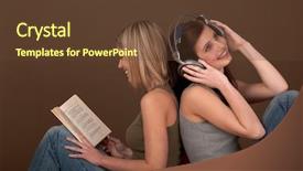  Presentation with headphones - Audience pleasing PPT theme consisting of two students with book and headphones sitting backdrop and a tawny brown colored foreground
