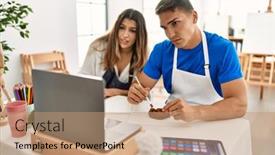  Presentation with students - Presentation theme featuring two-students-with-serious-expression background and a coral colored foreground