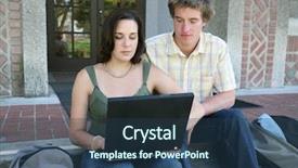  Presentation with students - PPT theme consisting of two students working on the laptop computer in front of the school background and a ocean colored foreground