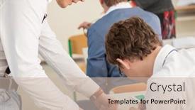  Presentation with classroom - Colorful slide deck enhanced with two-students-writing-together and a soft green colored foreground