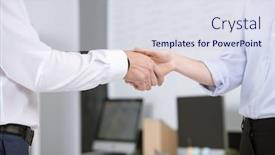  Presentation with negotiation - Colorful presentation design enhanced with two-successful-business-partners-greeting backdrop and a sky blue colored foreground