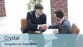  Presentation with successful communication - Theme enhanced with two successful business people background and a  colored foreground