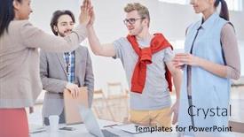  Presentation with managers - Beautiful presentation featuring two successful managers giving high five over table after making business agreement backdrop and a light blue colored foreground