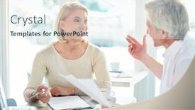  Presentation with new business ideas - PPT theme enhanced with two successful mature colleagues discussing business plan or ideas for new project background and a sky blue colored foreground