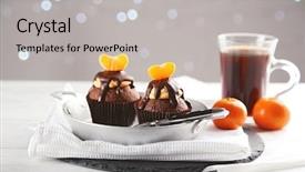  Presentation with cupcakes - Slide set enhanced with two tasty cupcakes with slice of mandarin and chocolate in a pan on light wooden background background and a light gray colored foreground