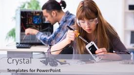  Presentation with warranty - Beautiful theme featuring two technicians working at computer warranty center backdrop and a light blue colored foreground