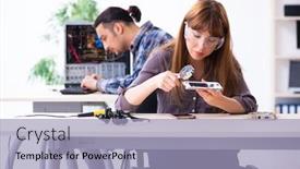  Presentation with warranty - PPT theme featuring two technicians working at computer warranty center background and a light blue colored foreground