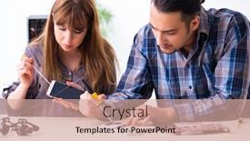  Presentation with warranty - Cool new PPT layouts with two technicians working at computer warranty center backdrop and a coral colored foreground