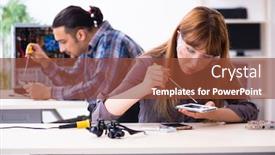  Presentation with warranty - PPT theme consisting of two technicians working at computer warranty center background and a tawny brown colored foreground