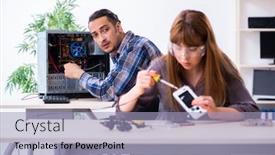  Presentation with warranty - Slide set enhanced with two technicians working at computer warranty center background and a light blue colored foreground