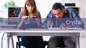  Presentation with warranty - Slide set with two technicians working at computer warranty center background and a ocean colored foreground