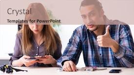  Presentation with warranty - Presentation design having two technicians working at computer warranty center background and a coral colored foreground