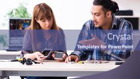  Presentation with warranty - Slides enhanced with two-technicians-working-at-computer background and a ocean colored foreground