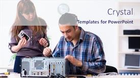  Presentation with warranty - Slide deck with two-technicians-working-at-computer background and a sky blue colored foreground