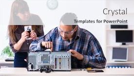  Presentation with warranty - PPT layouts enhanced with two-technicians-working-at-computer background and a sky blue colored foreground