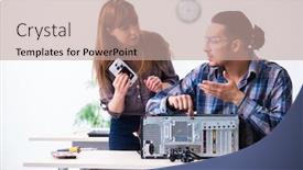  Presentation with warranty - Cool new theme with two-technicians-working-at-computer backdrop and a coral colored foreground