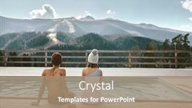  Presentation with mountain luxury resort - PPT theme featuring two teen friends spending winter or spring vacation in luxury spa resort with swimming pool over alpine mountain landscape background and a coral colored foreground