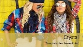  Presentation with teen girl - Slides consisting of two teen girl friends together having fun outdoors urban lifestyle background and a yellow colored foreground